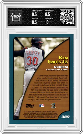 Ken Griffey Jr. from the 2001 Topps set featuring a Home Team Advantage parallel graded by Arena Club and given an overall grade of 9.