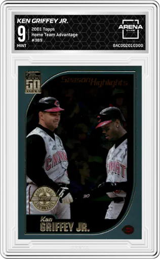 Ken Griffey Jr. from the 2001 Topps set featuring a Home Team Advantage parallel graded by Arena Club and given an overall grade of 9.