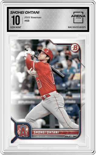Shohei Ohtani from the 2022 Bowman set graded by Arena Club and given an overall grade of 10.