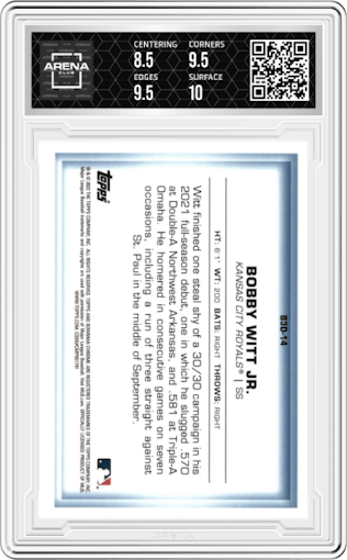 Bobby Witt Jr. from the 2022 Bowman set graded by Arena Club and given an overall grade of 9.