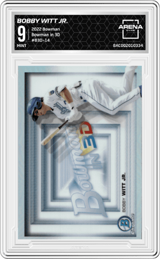 Bobby Witt Jr. from the 2022 Bowman set graded by Arena Club and given an overall grade of 9.
