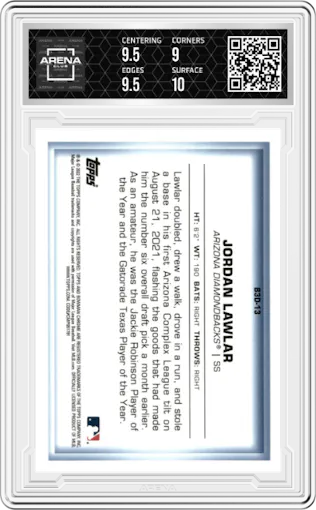Jordan Lawlar from the 2022 Bowman set graded by Arena Club and given an overall grade of 9.5.