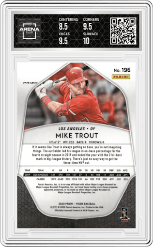 Mike Trout from the 2020 Panini Prizm set featuring a Cosmic Haze parallel graded by Arena Club and given an overall grade of 9.