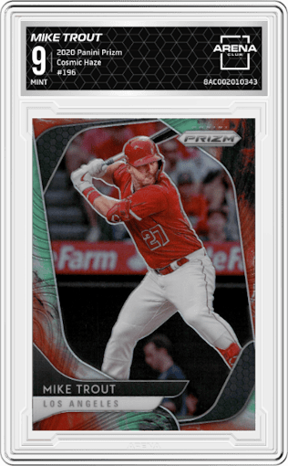 Mike Trout from the 2020 Panini Prizm set featuring a Cosmic Haze parallel graded by Arena Club and given an overall grade of 9.