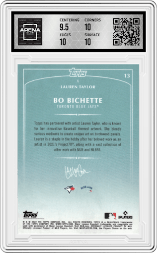 Bo Bichette from the 2022 Topps X Lauren Taylor set graded by Arena Club and given an overall grade of 10.