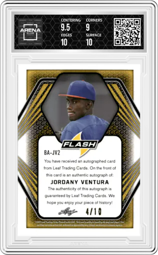 Jordany Ventura from the 2021 Leaf Flash set featuring a Orange parallel graded by Arena Club and given an overall grade of 9.5.