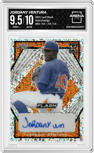 Jordany Ventura from the 2021 Leaf Flash set featuring a Orange parallel graded by Arena Club and given an overall grade of 9.5.