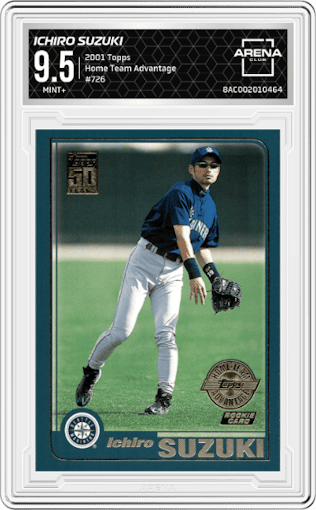 Ichiro Suzuki from the 2001 Topps set featuring a Home Team Advantage parallel graded by Arena Club and given an overall grade of 9.5.