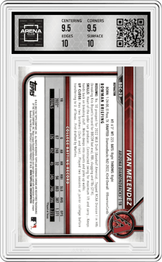 Ivan Melendez from the 2022 Bowman Draft set featuring a Refractor parallel graded by Arena Club and given an overall grade of 10.