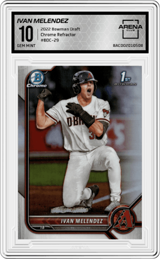 Ivan Melendez from the 2022 Bowman Draft set featuring a Refractor parallel graded by Arena Club and given an overall grade of 10.