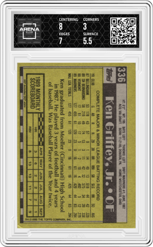 Ken Griffey Jr. from the 1990 Topps set graded by Arena Club and given an overall grade of 3.5.