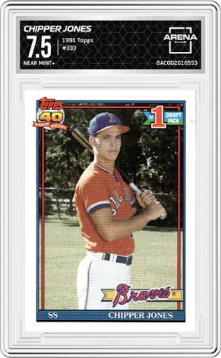 Chipper Jones from the 1991 Topps set graded by Arena Club and given an overall grade of 7.5.