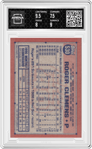 Roger Clemens from the 1991 Topps set featuring a Tiffany parallel graded by Arena Club and given an overall grade of 8.