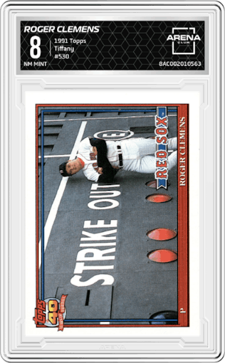 Roger Clemens from the 1991 Topps set featuring a Tiffany parallel graded by Arena Club and given an overall grade of 8.