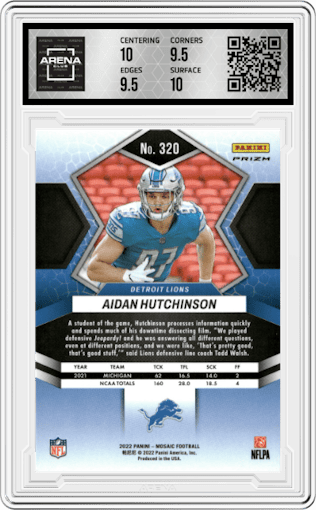 Aidan Hutchinson from the 2022 Panini Mosaic set featuring a Pink Camo parallel graded by Arena Club and given an overall grade of 10.