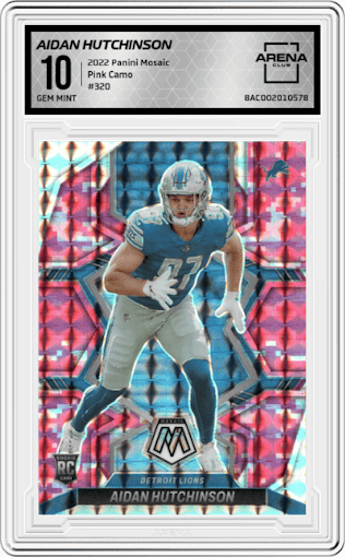 Aidan Hutchinson from the 2022 Panini Mosaic set featuring a Pink Camo parallel graded by Arena Club and given an overall grade of 10.