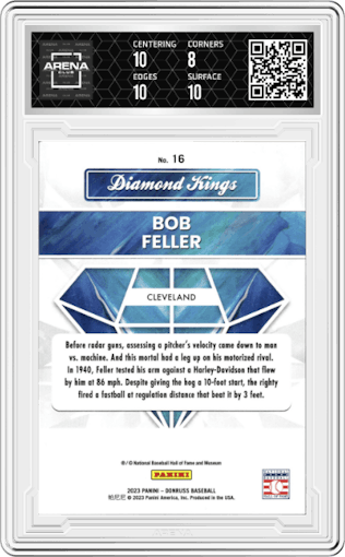 Bob Feller from the 2023 Panini Donruss set featuring a Red Holo parallel graded by Arena Club and given an overall grade of 8.5.