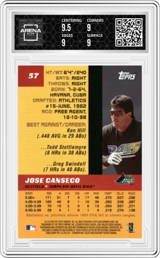 Jose Canseco from the 2000 Bowman's Best set graded by Arena Club and given an overall grade of 9.
