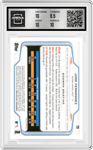Jose Fernandez from the 2014 Bowman set featuring a Hometown parallel graded by Arena Club and given an overall grade of 10.