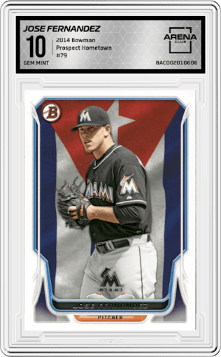 Jose Fernandez from the 2014 Bowman set featuring a Hometown parallel graded by Arena Club and given an overall grade of 10.