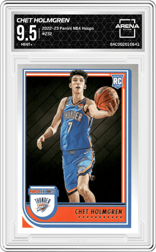 Chet Holmgren  from the 2022-23 Panini NBA Hoops set graded by Arena Club and given an overall grade of 9.5.