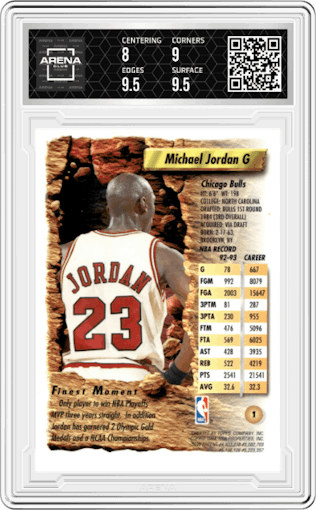Michael Jordan from the 1993-94 Topps Finest  set featuring a Refractor parallel graded by Arena Club and given an overall grade of 8.5.