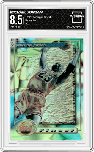 Michael Jordan from the 1993-94 Topps Finest  set featuring a Refractor parallel graded by Arena Club and given an overall grade of 8.5.