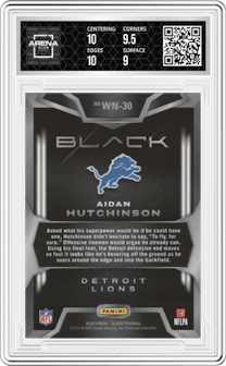 Aidan Hutchinson from the 2022 Panini Black set graded by Arena Club and given an overall grade of 9.5.