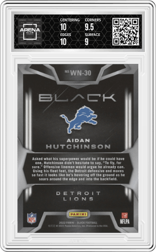 Aidan Hutchinson from the 2022 Panini Black set graded by Arena Club and given an overall grade of 9.5.