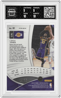 LeBron James from the 2020-21 Panini Spectra set featuring a Astral parallel graded by Arena Club and given an overall grade of 9.5.