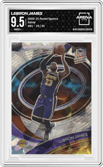 LeBron James from the 2020-21 Panini Spectra set featuring a Astral parallel graded by Arena Club and given an overall grade of 9.5.