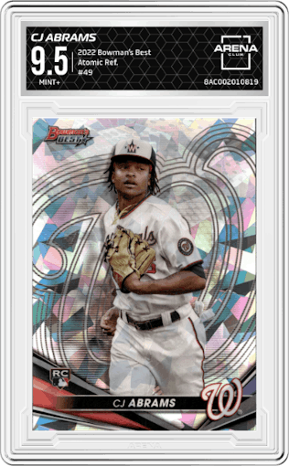 CJ Abrams from the 2022 Bowman’s Best   set featuring a Atomic Refractor parallel graded by Arena Club and given an overall grade of 9.5.