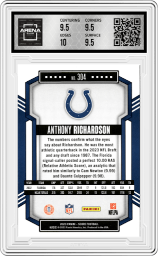 Anthony Richarson from the 2023 Panini Score set graded by Arena Club and given an overall grade of 10.