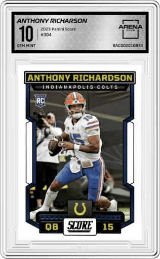Anthony Richarson from the 2023 Panini Score set graded by Arena Club and given an overall grade of 10.
