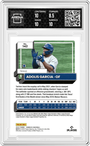 Adolis Garcia from the 2022 Panini Donruss set featuring a Red parallel graded by Arena Club and given an overall grade of 9.