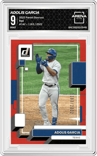 Adolis Garcia from the 2022 Panini Donruss set featuring a Red parallel graded by Arena Club and given an overall grade of 9.