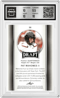 Pat Mahomes II from the 2017 Leaf Draft set graded by Arena Club and given an overall grade of 10.