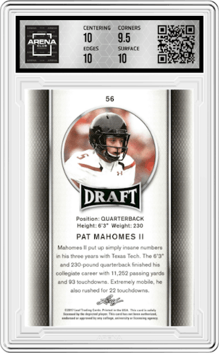 Pat Mahomes II from the 2017 Leaf Draft set graded by Arena Club and given an overall grade of 10.
