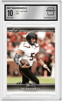 Pat Mahomes II from the 2017 Leaf Draft set graded by Arena Club and given an overall grade of 10.
