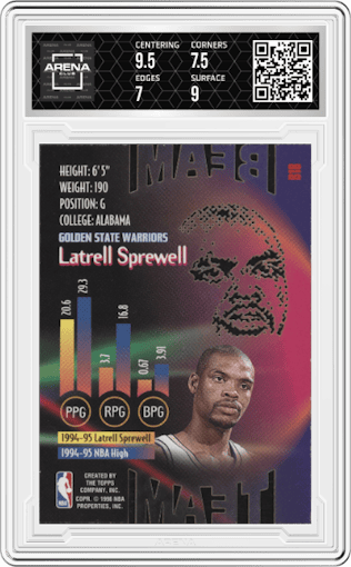 Latrell Sprewell from the 1995-96 Topps Stadium Club set graded by Arena Club and given an overall grade of 7.5.