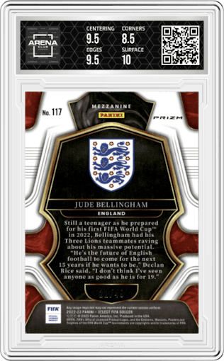 Jude Bellingham from the 2022-23 Panini Select FIFA set featuring a Tie-Dye Prizm parallel graded by Arena Club and given an overall grade of 9.