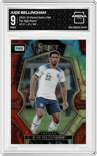 Jude Bellingham from the 2022-23 Panini Select FIFA set featuring a Tie-Dye Prizm parallel graded by Arena Club and given an overall grade of 9.
