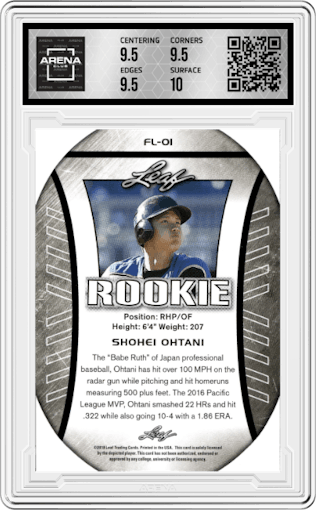 Shohei Ohtani from the 2018 Leaf Special Release  set graded by Arena Club and given an overall grade of 10.