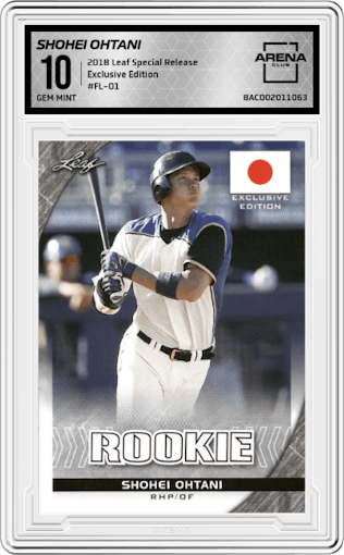 Shohei Ohtani from the 2018 Leaf Special Release  set graded by Arena Club and given an overall grade of 10.