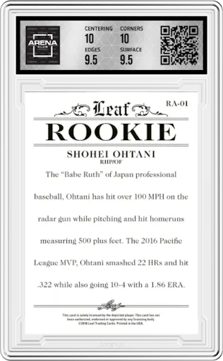 Shohei Ohtani from the 2018 Leaf Rookie set graded by Arena Club and given an overall grade of 10.