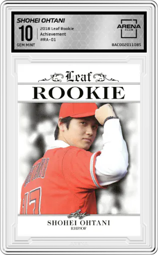 Shohei Ohtani from the 2018 Leaf Rookie set graded by Arena Club and given an overall grade of 10.