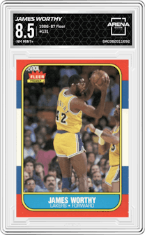 James Worthy from the 1986-87 Fleer set graded by Arena Club and given an overall grade of 8.5.