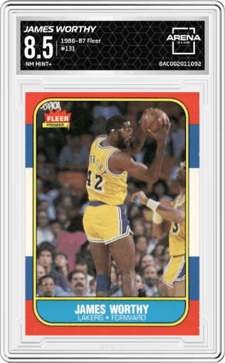 James Worthy from the 1986-87 Fleer set graded by Arena Club and given an overall grade of 8.5.