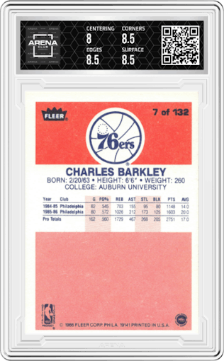 Charles Barkley from the 1986-87 Fleer set graded by Arena Club and given an overall grade of 8.5.