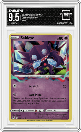 Sableye from the 2022 Pokemon SWSH set graded by Arena Club and given an overall grade of 9.5.